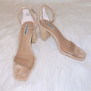 Steve Madden DelRey Tan Suede Ankle Strap Heels with Clear Toe Strap Size 9